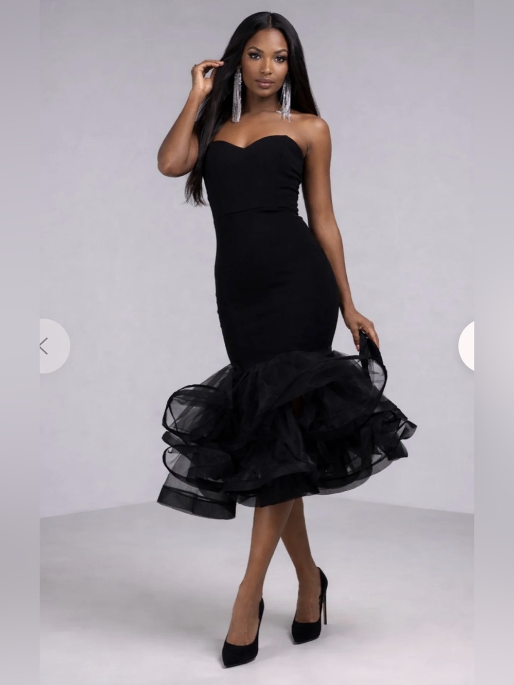 Strapless Black Ruffle-Hem Mermaid Midi Dress